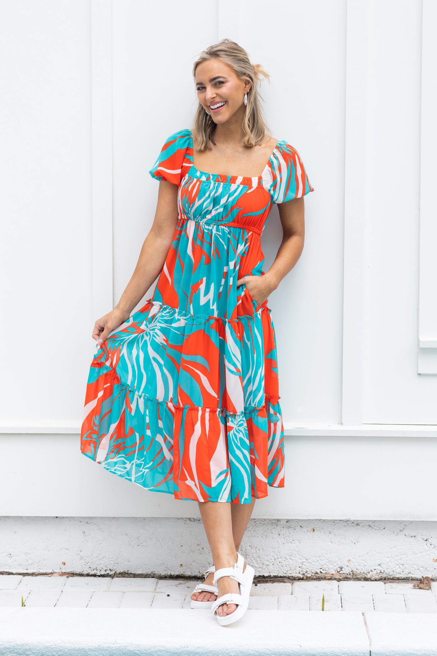 Orange And Aqua Abstract Chiffon Midi Dress