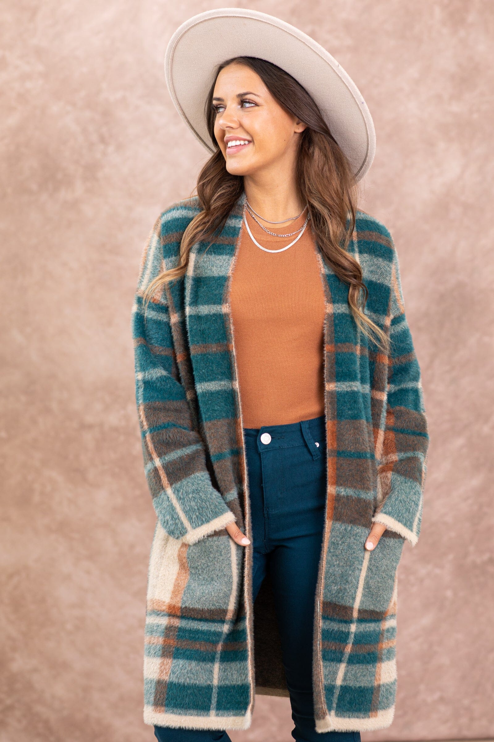 Teal and Cognac Plaid Cardigan With Pockets · Filly Flair