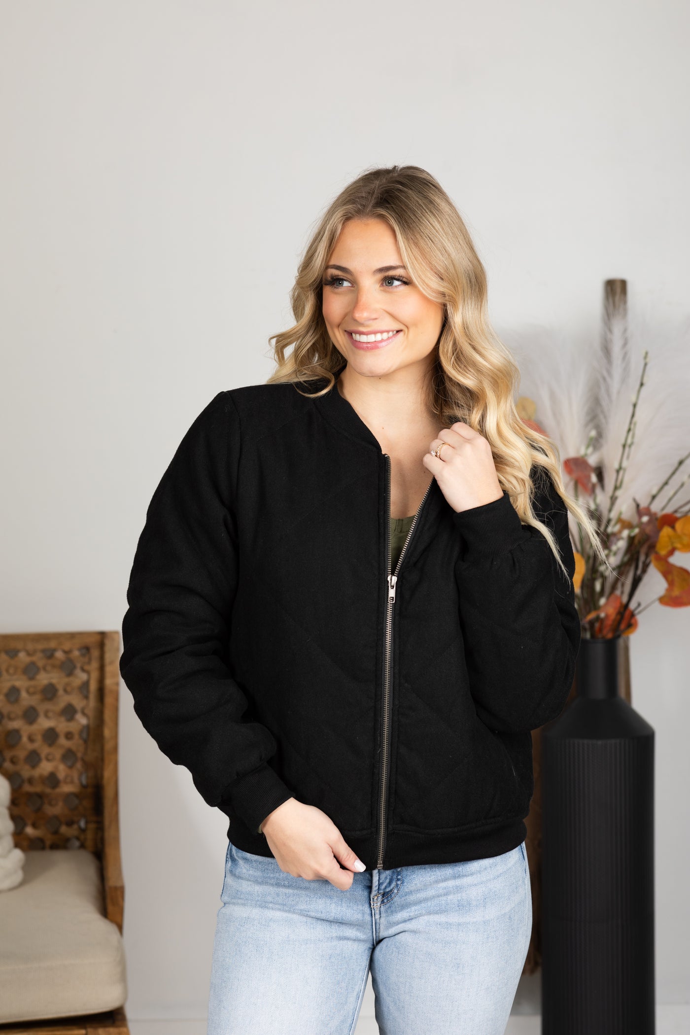 Black Quilted Bomber Jacket