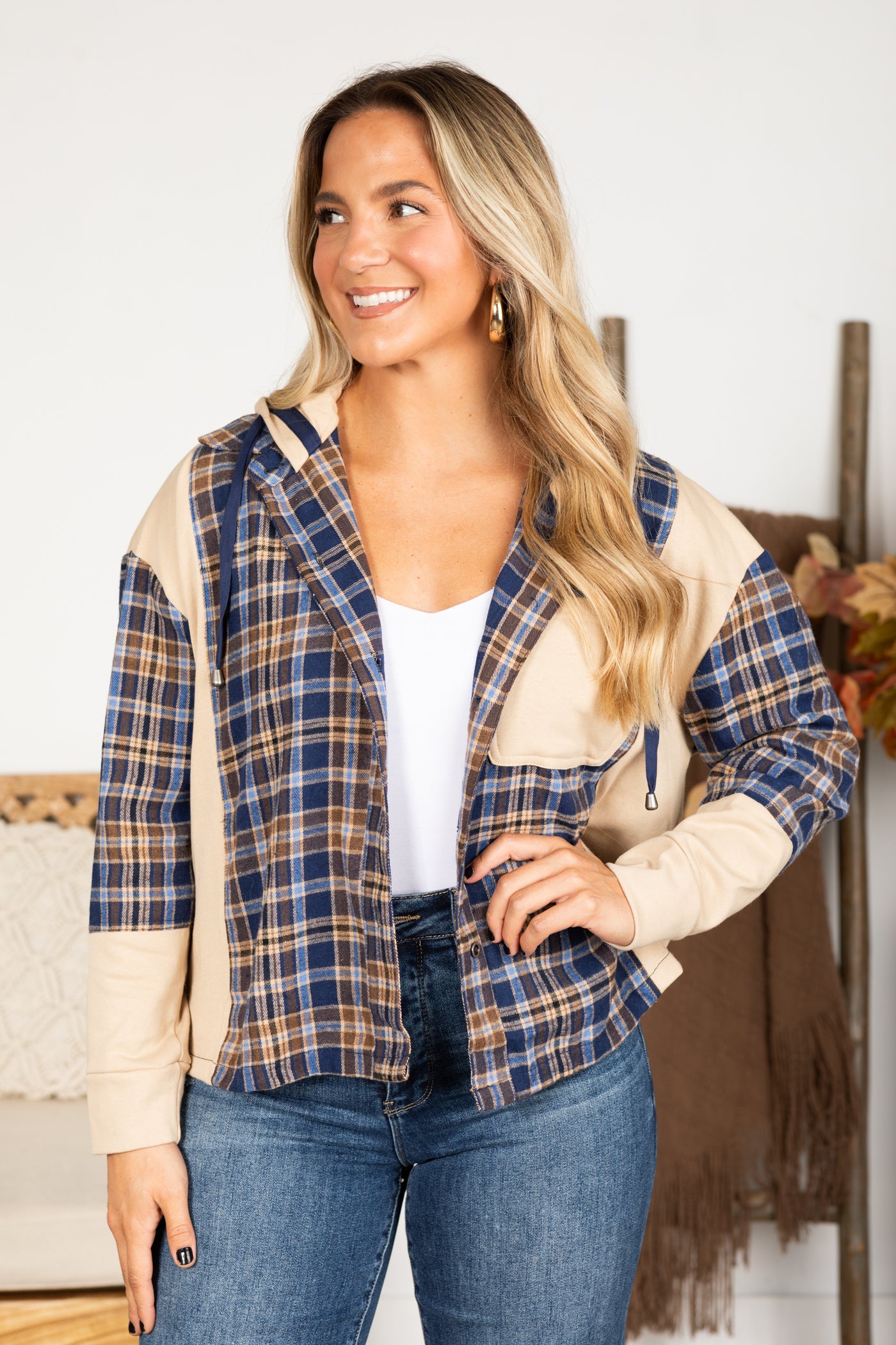 Navy And Taupe Plaid Hoodie Shacket