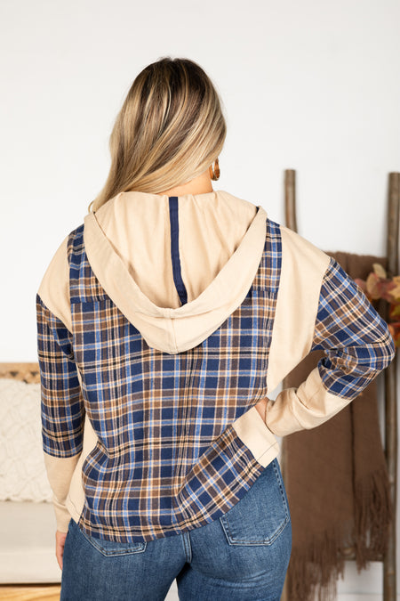 Navy And Taupe Plaid Hoodie Shacket