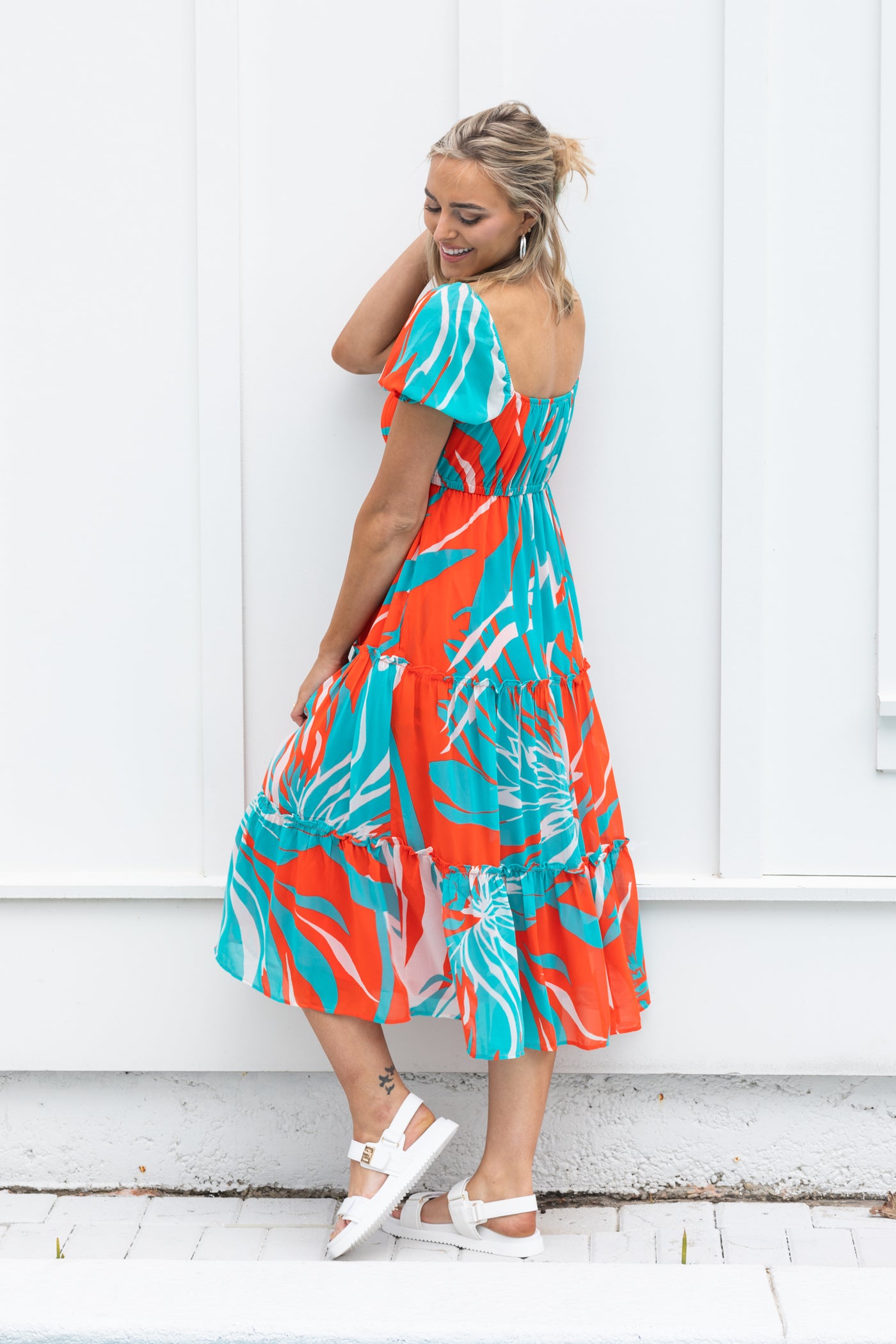 Orange And Aqua Abstract Chiffon Midi Dress