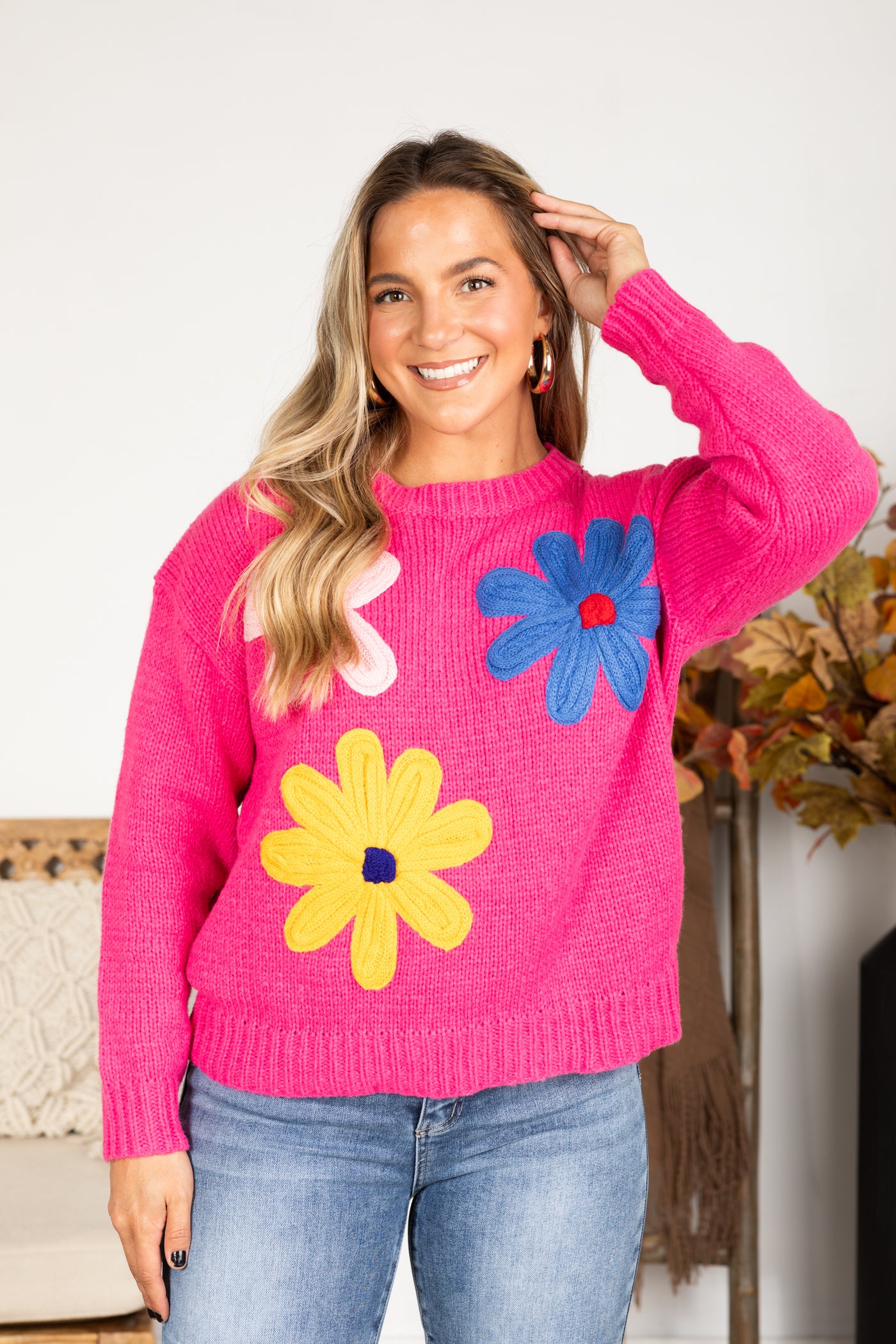 Hot Pink Big Flower Patch Sweater