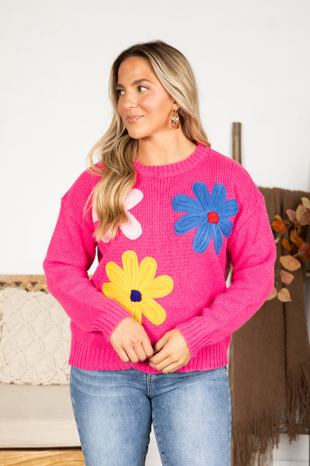 Hot Pink Big Flower Patch Sweater