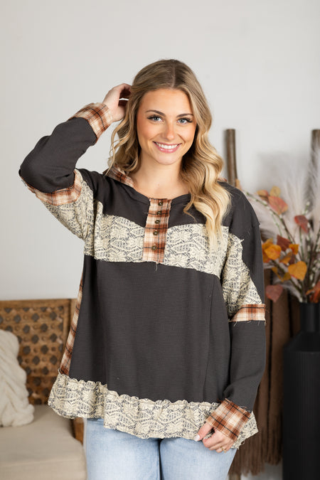 Charcoal Long Sleeve Plaid Detail Knit Top