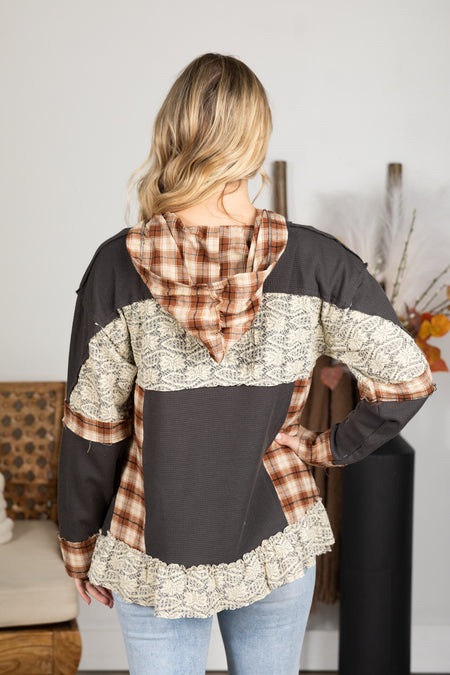 Charcoal Long Sleeve Plaid Detail Knit Top