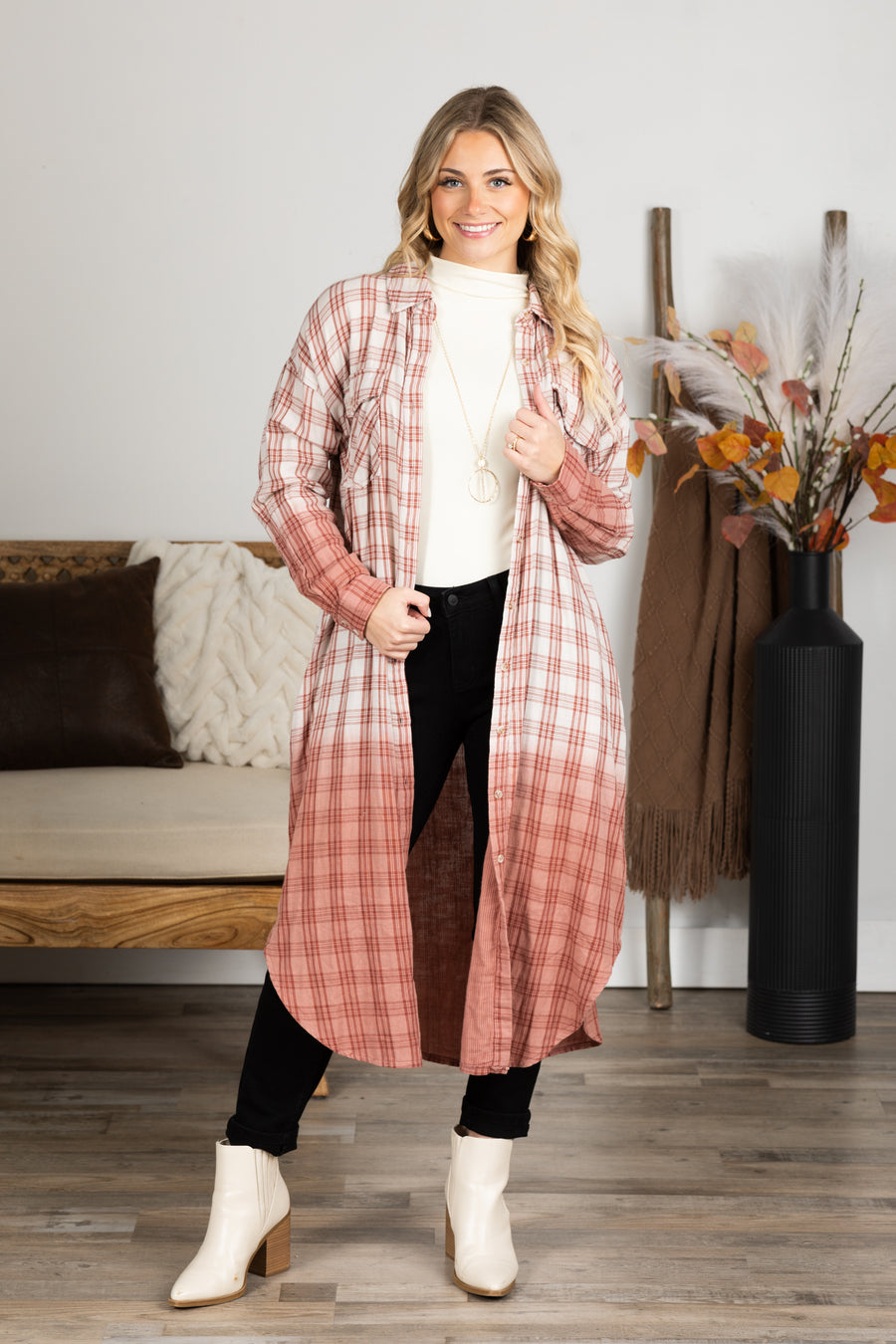 Dusty Rose Ombre Long Plaid Button Up Top