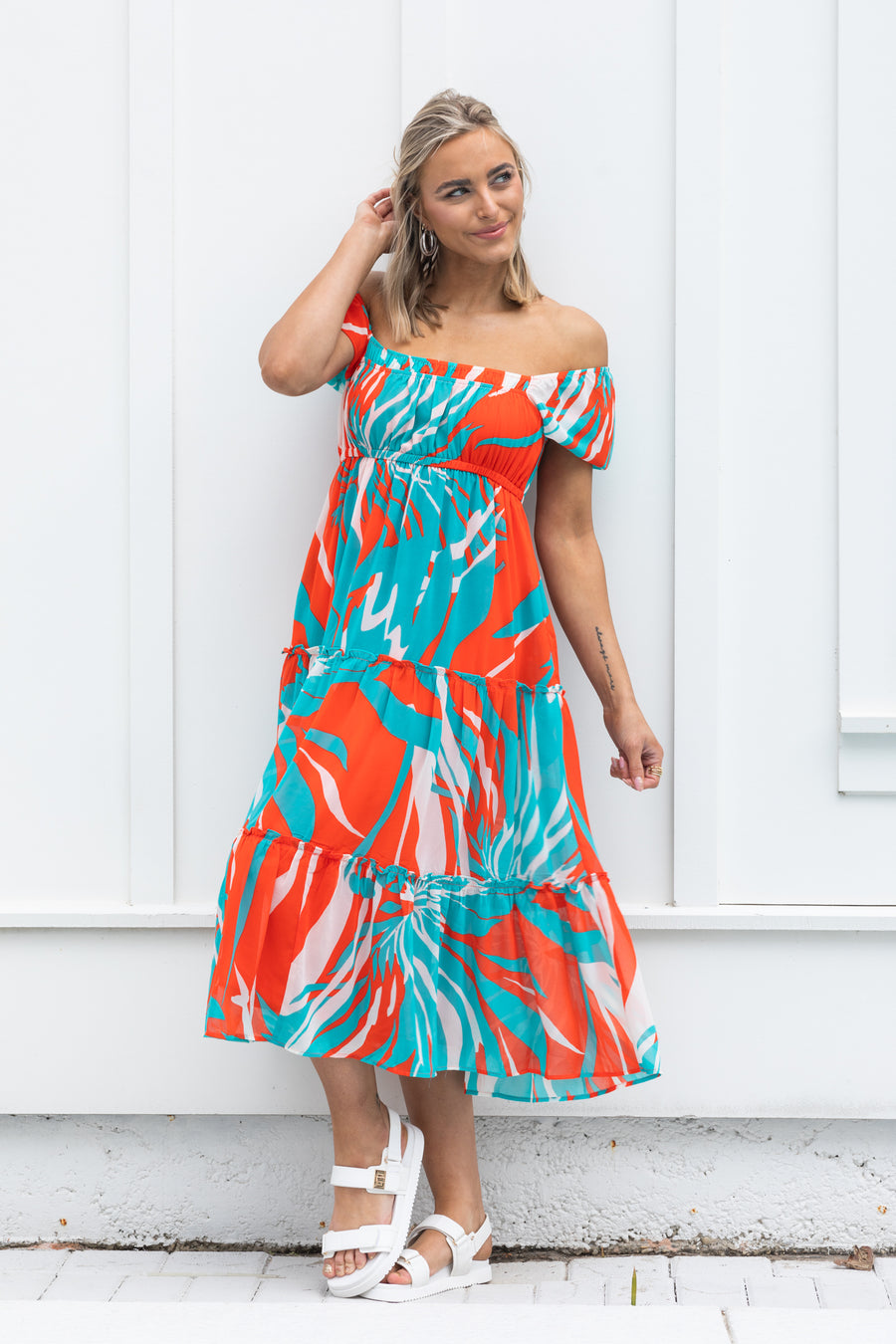 Orange And Aqua Abstract Chiffon Midi Dress