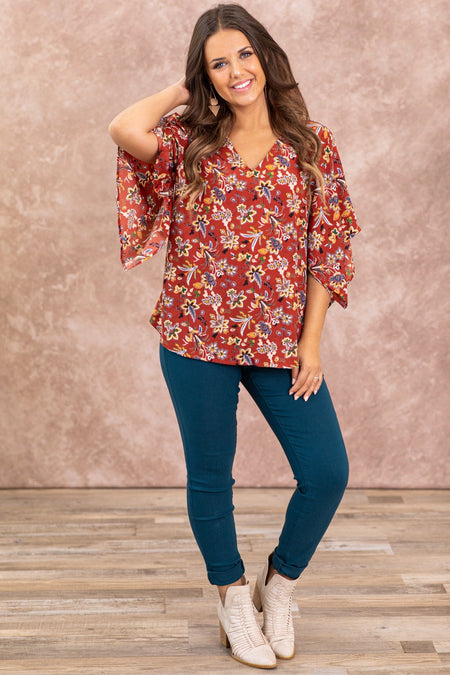 Maroon Floral Print Dolman Sleeve Top - Filly Flair