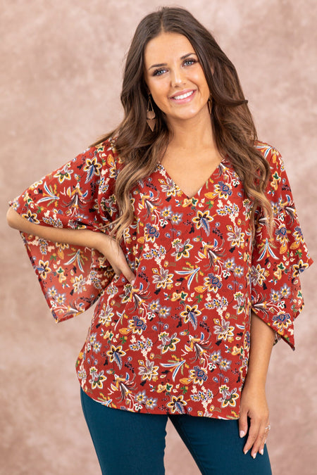 Maroon Floral Print Dolman Sleeve Top - Filly Flair