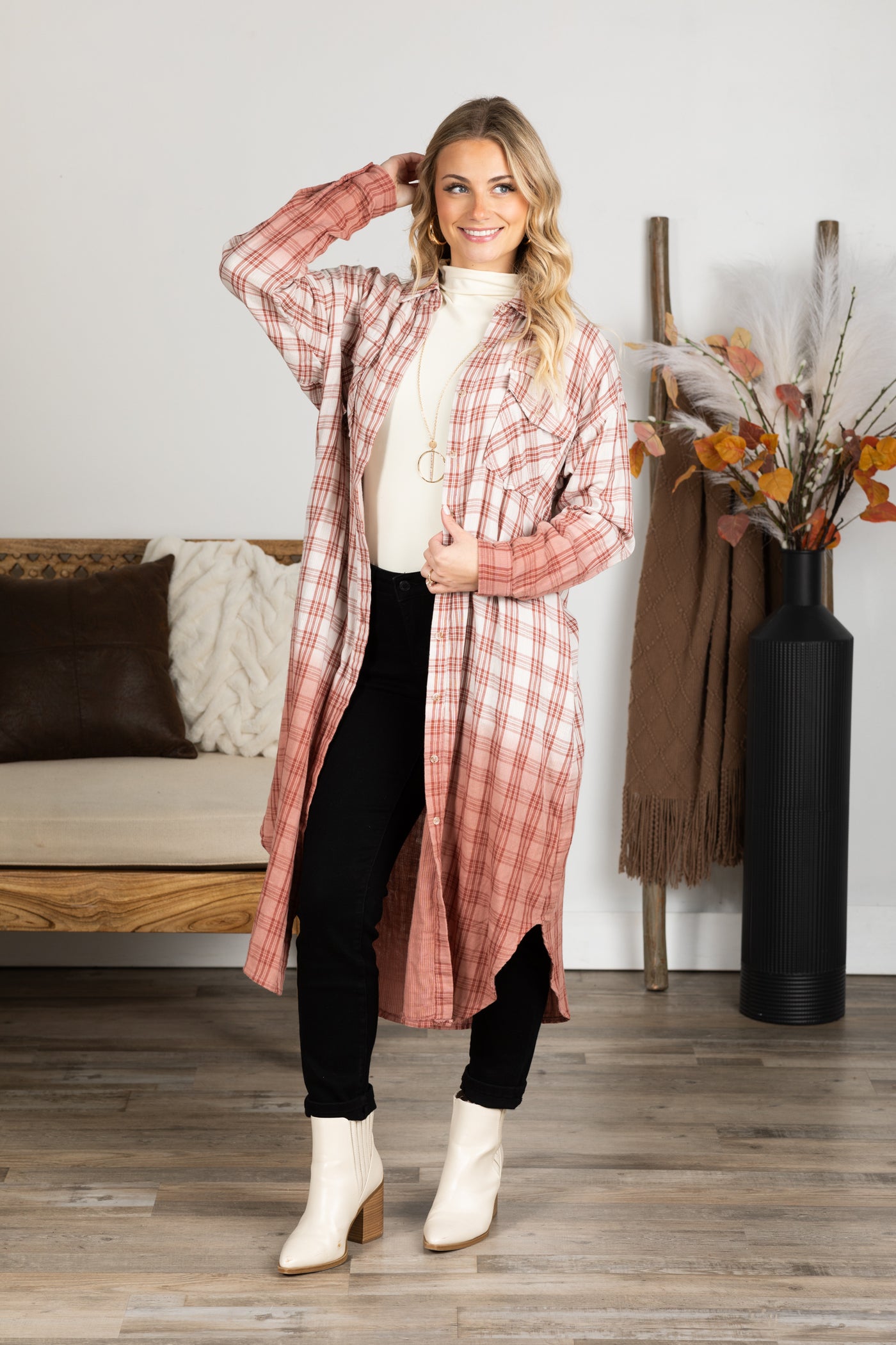 Dusty Rose Ombre Long Plaid Button Up Top