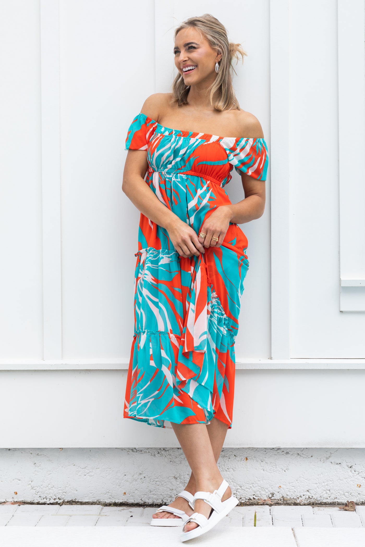 Orange And Aqua Abstract Chiffon Midi Dress