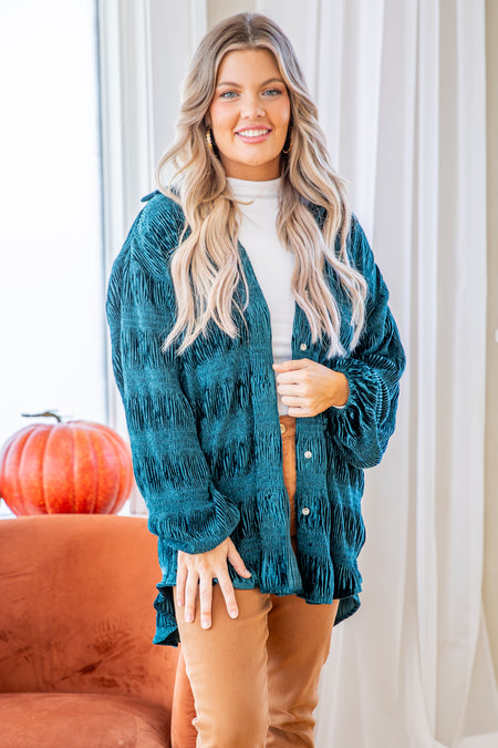 Dark Teal Velvet Button Up Top