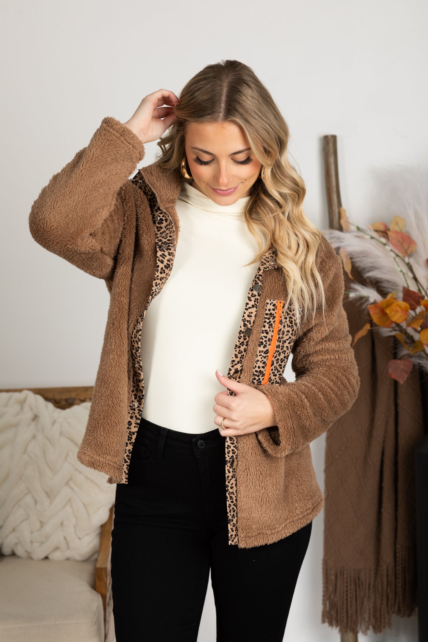 Mocha Sherpa Jacket With Animal Print Trim