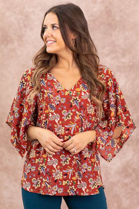 Maroon Floral Print Dolman Sleeve Top - Filly Flair