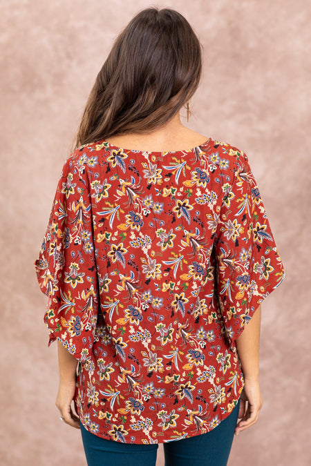 Maroon Floral Print Dolman Sleeve Top - Filly Flair