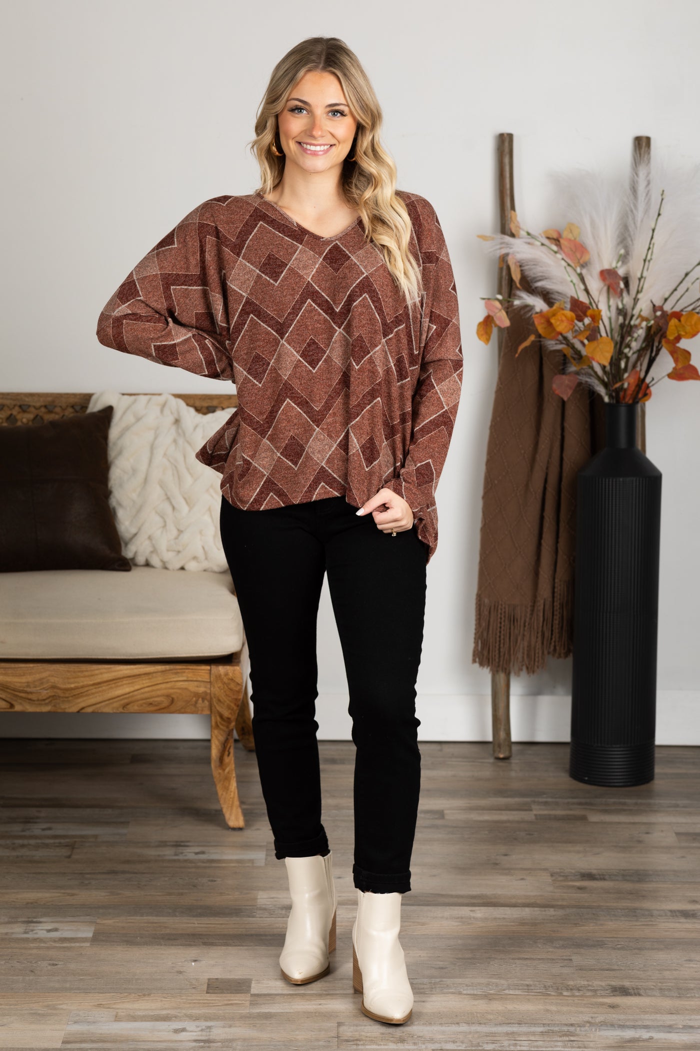 Maroon Multicolor Chevron Print Top