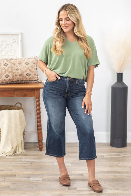 Judy Blue Dark Tummy Control Crop Wide Jeans