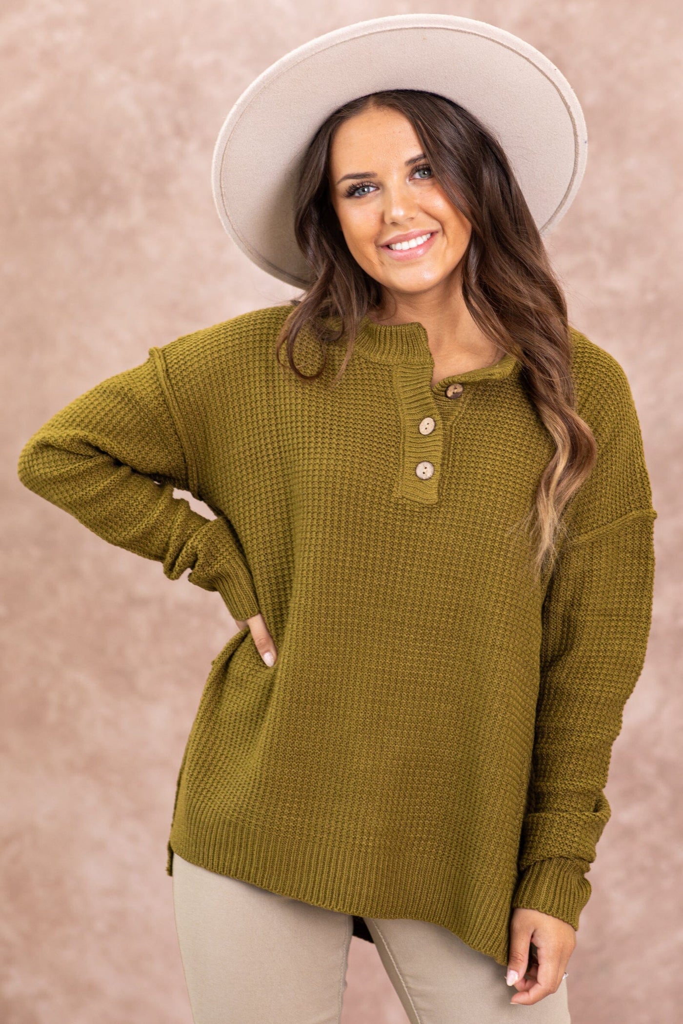 Olive Waffle Knit Sweater With Buttons