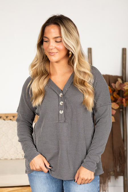 Raised Ribbed Button V-Neck Knit Top