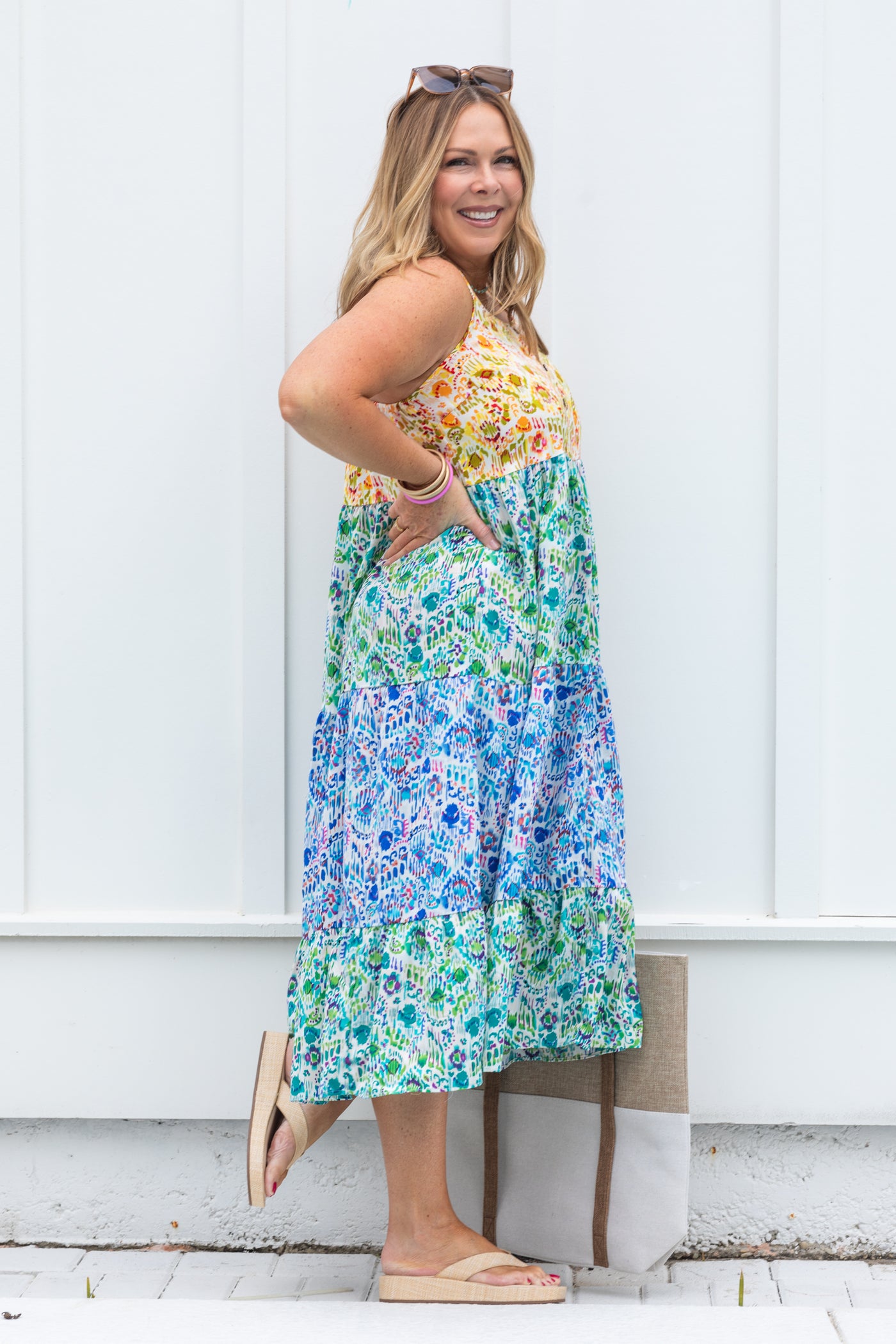 Emerald Tiered Multicolor Printed Midi Dress