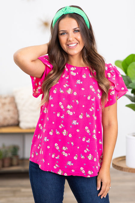 Hot Pink Flutter Sleeve Floral Print Top - Filly Flair