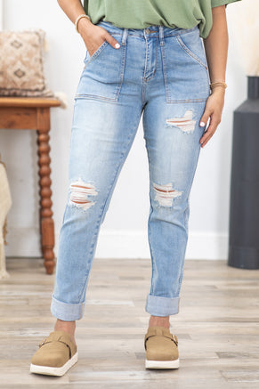 Judy Blue Patch Pocket Distress Boyfriend Jeans