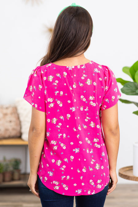 Hot Pink Flutter Sleeve Floral Print Top - Filly Flair