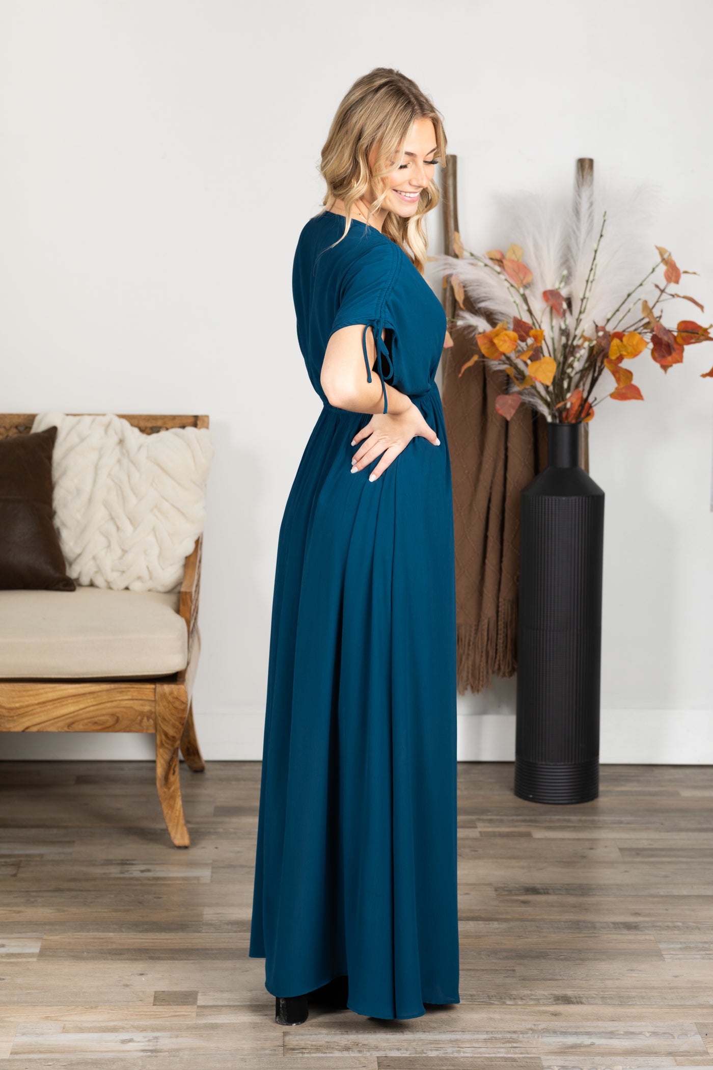 Dark Teal V-Neck Maxi Dress With Pockets