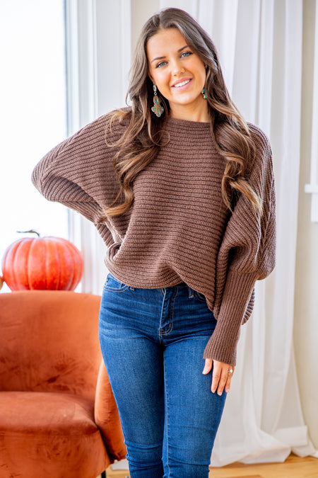 Brown Ribbed Slouchy Dolman Sleeve Sweater