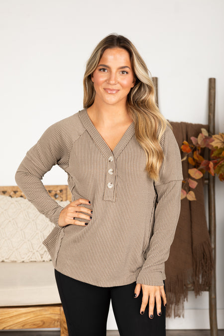 Raised Ribbed Button V-Neck Knit Top