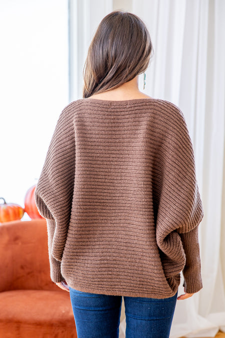 Brown Ribbed Slouchy Dolman Sleeve Sweater