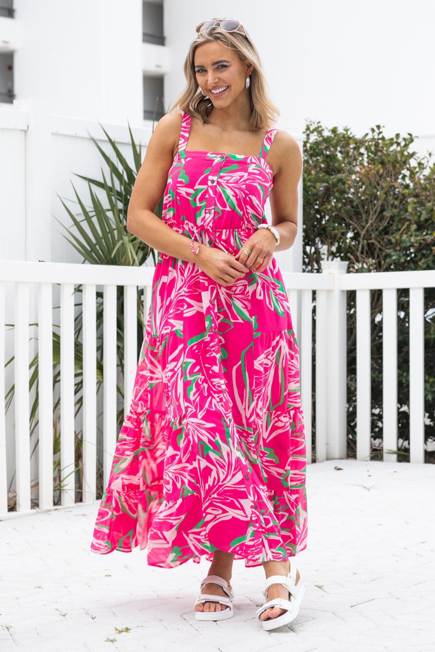 Pink Floral Print Maxi Dress With Pockets