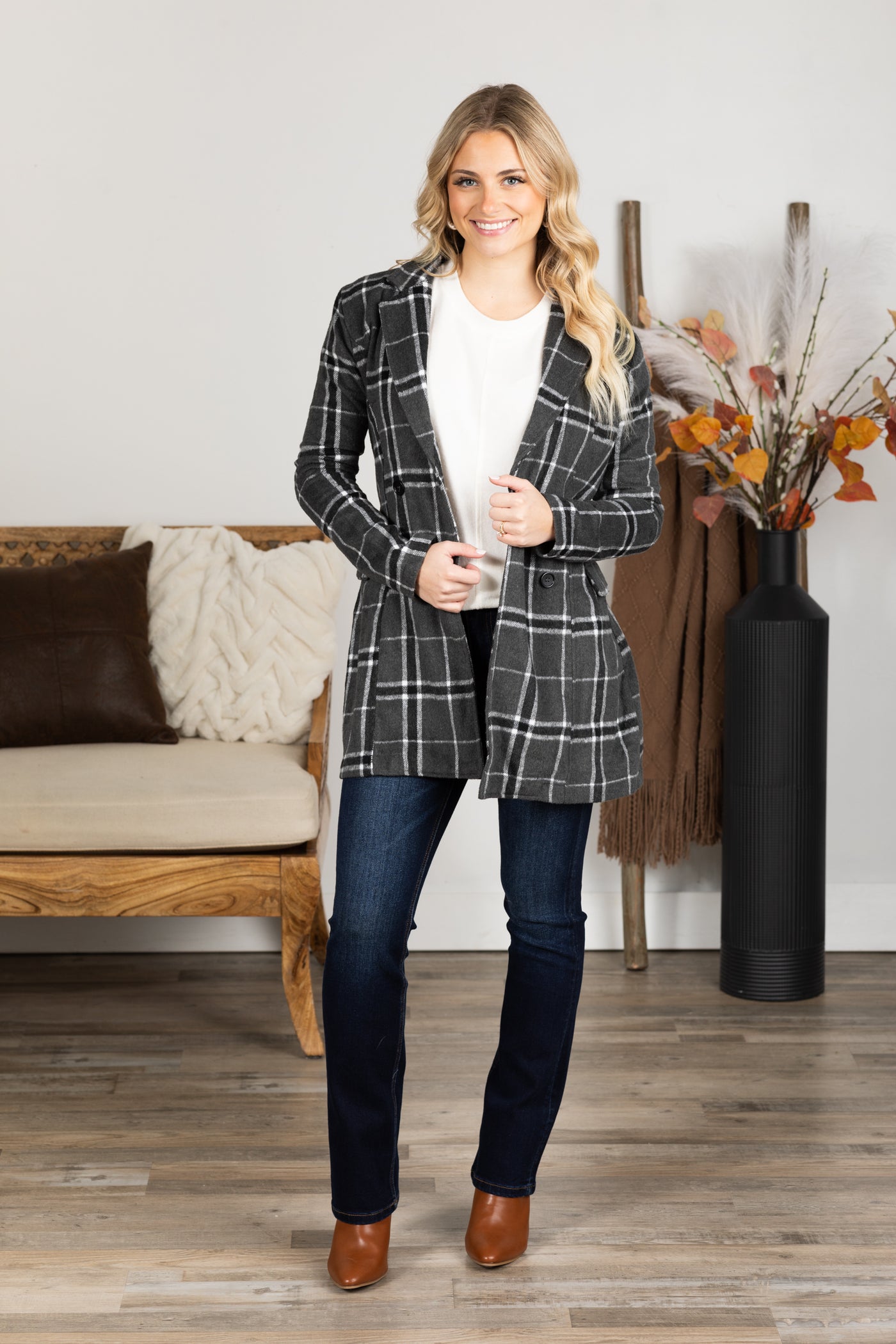 Grey Plaid Print Belted Jacket