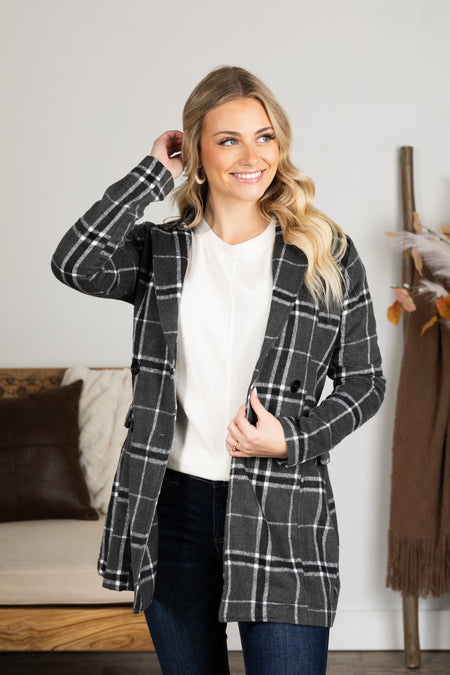 Grey Plaid Print Belted Jacket