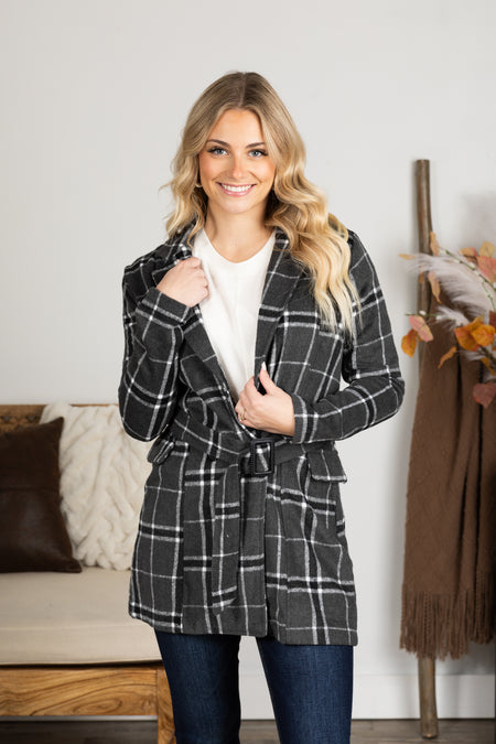 Grey Plaid Print Belted Jacket