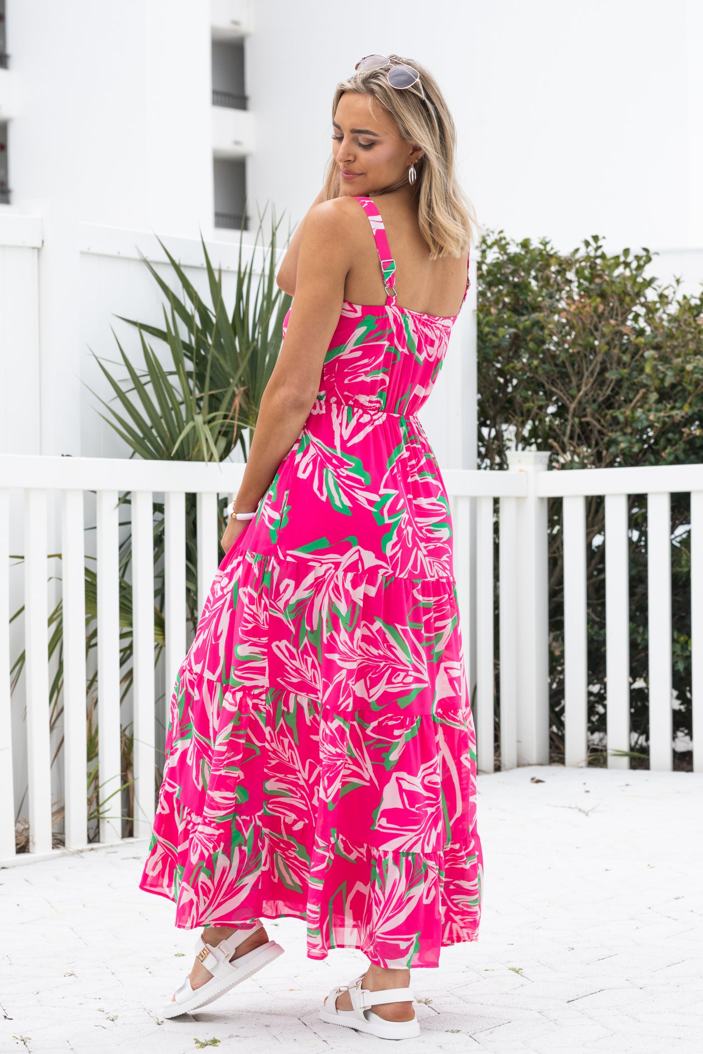 Pink Floral Print Maxi Dress With Pockets