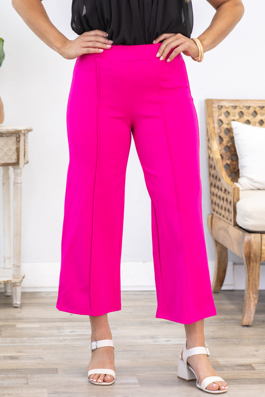 Hot Pink Wide Leg Cropped Pants With Seam
