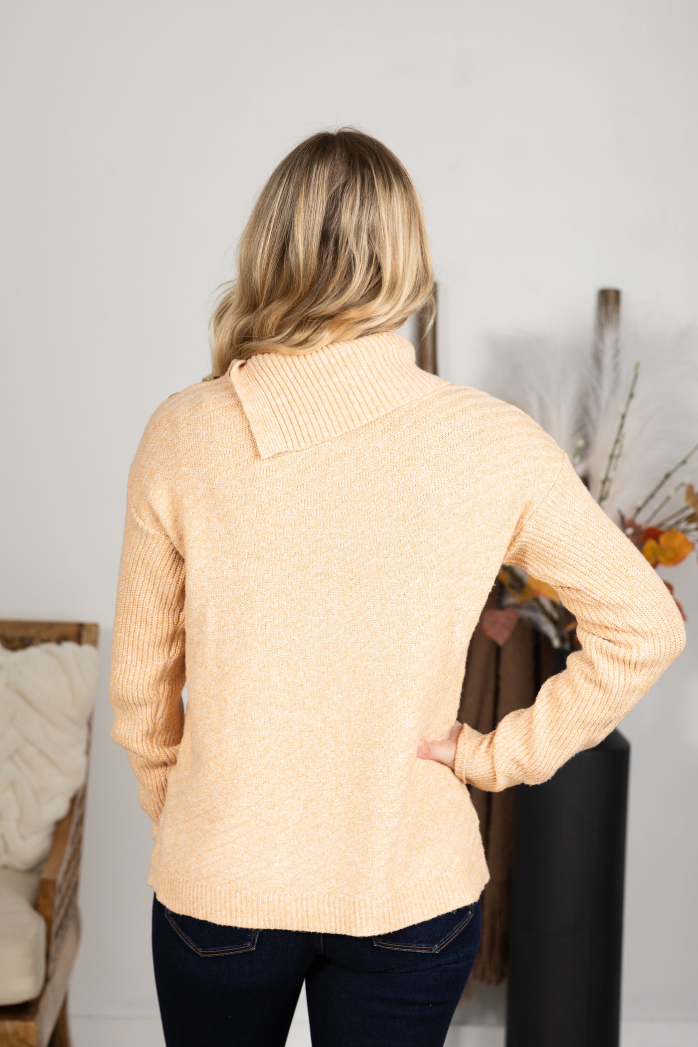 Tan Ribbed Split Neck Sweater With Buttons