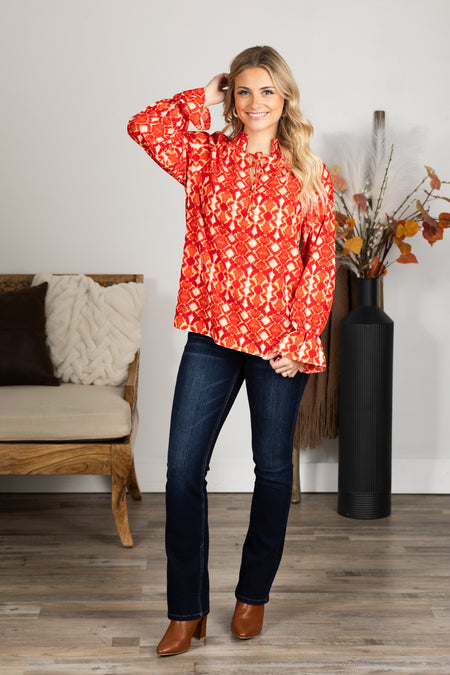 Red and Peach Boho Print Notch Neck Top