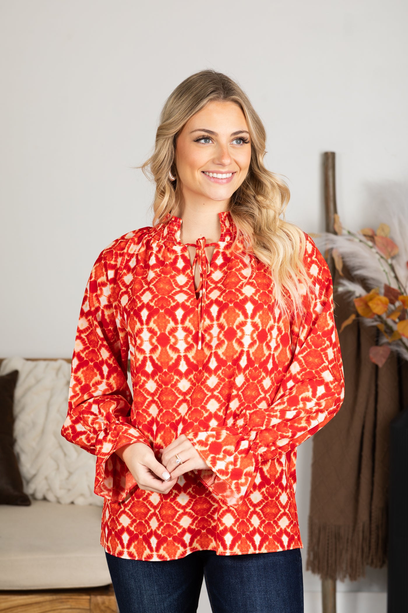 Red and Peach Boho Print Notch Neck Top