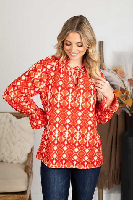 Red and Peach Boho Print Notch Neck Top