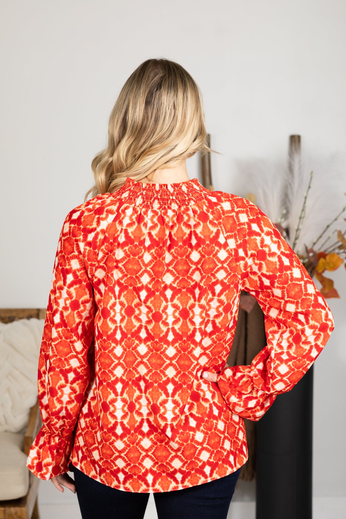 Red and Peach Boho Print Notch Neck Top