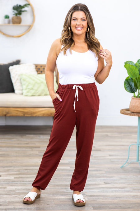 Maroon Drawstring Waist Knit Joggers - Filly Flair