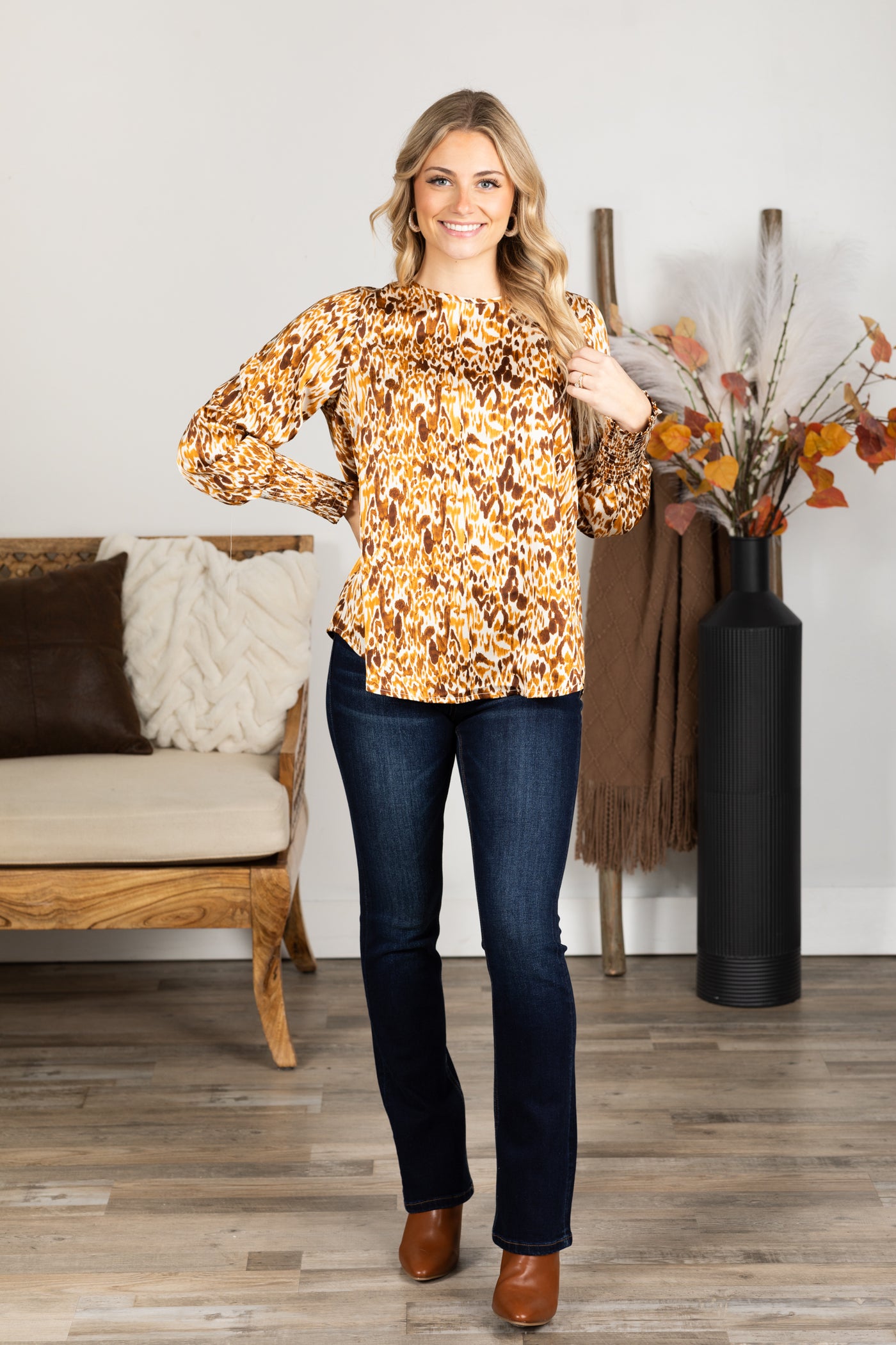 Camel Abstract Print Smocked Cuff Top