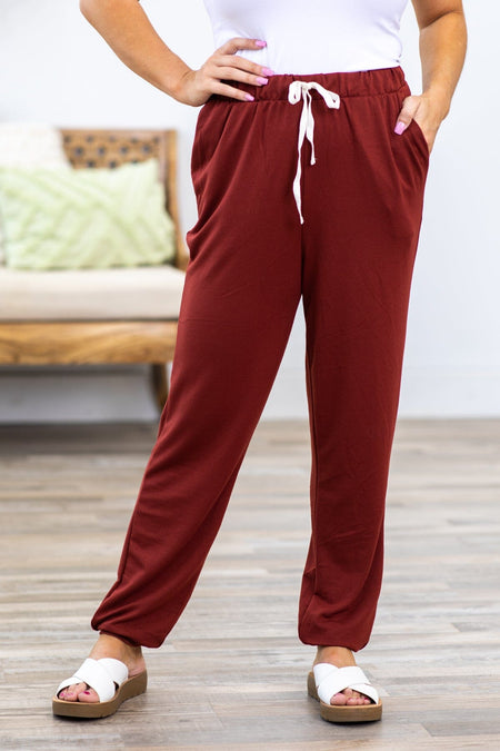 Maroon Drawstring Waist Knit Joggers - Filly Flair