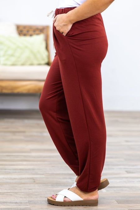 Maroon Drawstring Waist Knit Joggers - Filly Flair