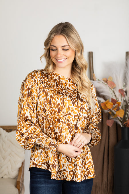 Camel Abstract Print Smocked Cuff Top