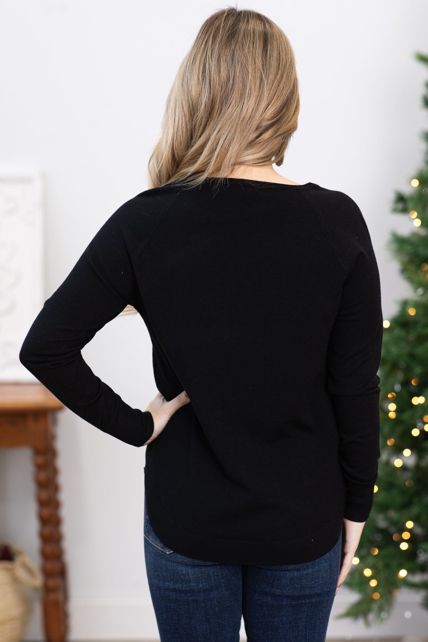 Black Raglan Sleeve Lightweight Sweater