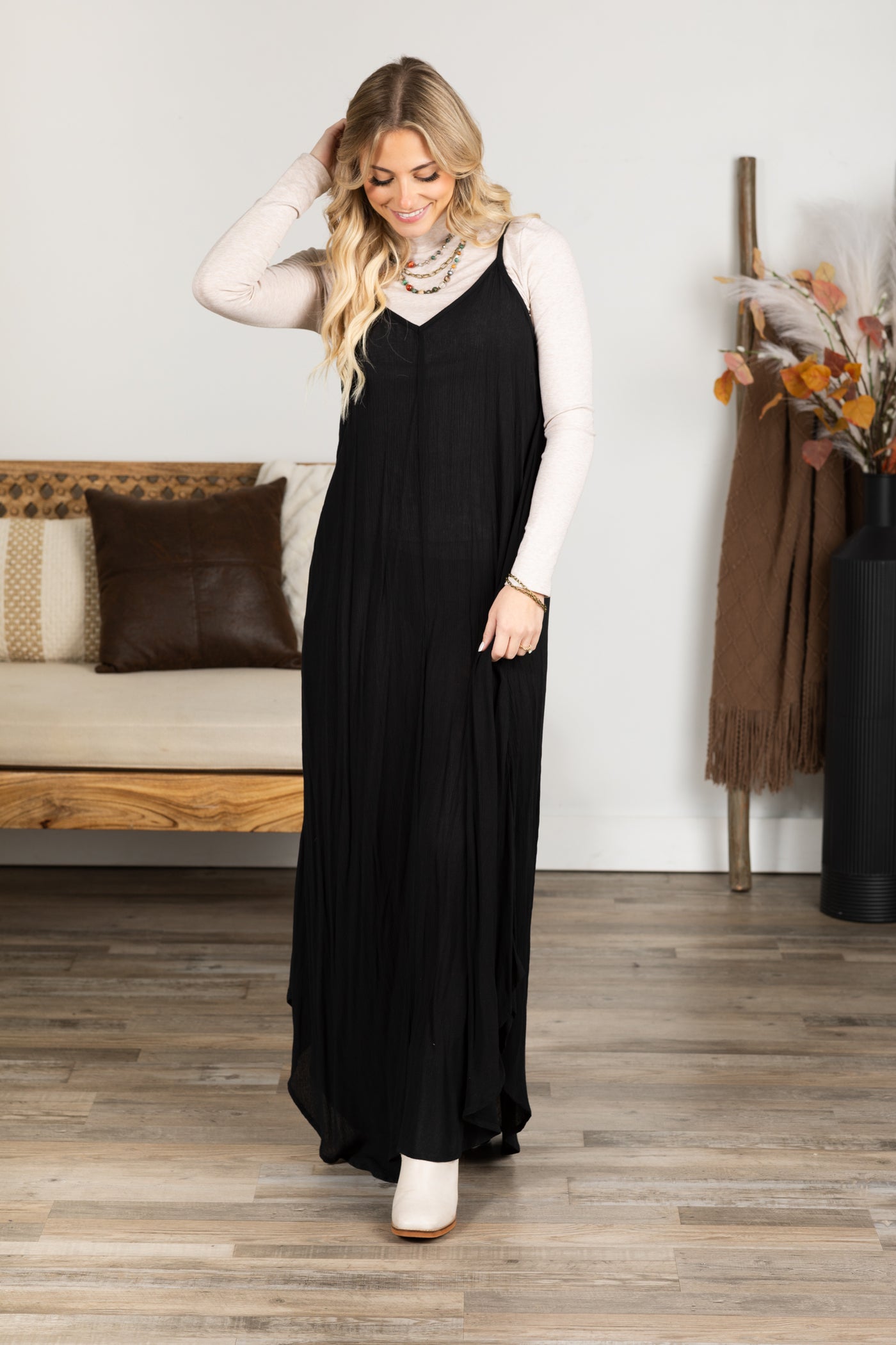 Black Woven Crinkle Maxi Dress